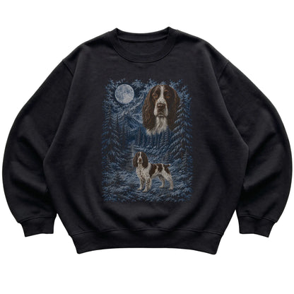 black sweatshirt with Springer Spaniel Winter Moon artwork.