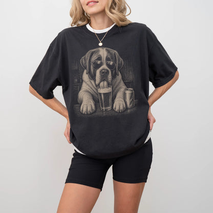Model wearing a Black Comfort Colors® t-shirt with St Bernard sneaking a drink from a pint