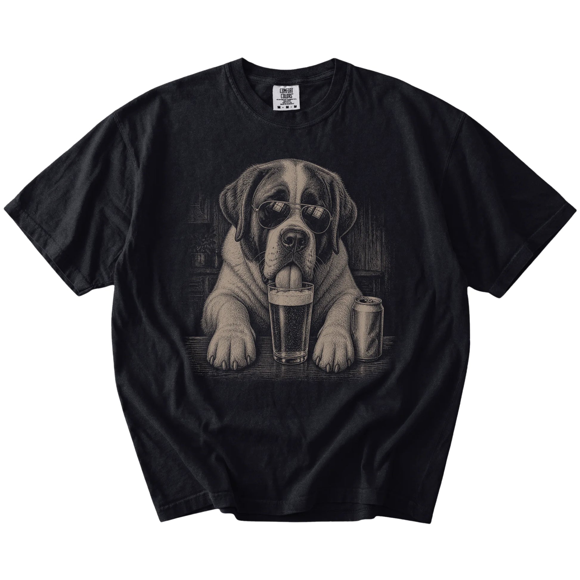 St Bernard sneaking a drink from a foamy pint at home on a Black Comfort Colors® t-shirt