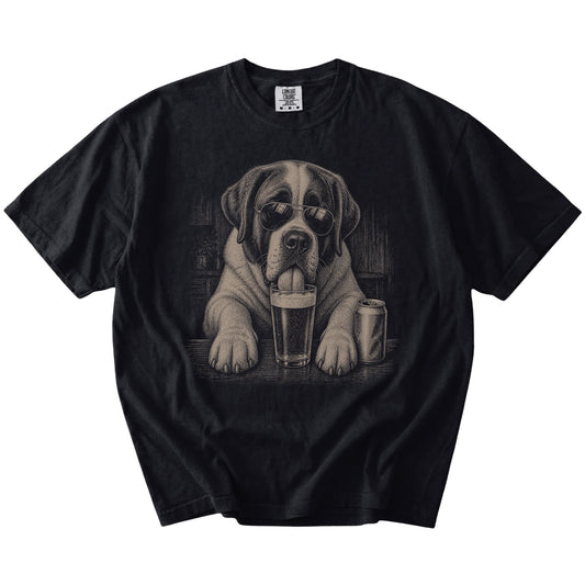 St Bernard sneaking a drink from a foamy pint at home on a Black Comfort Colors® t-shirt
