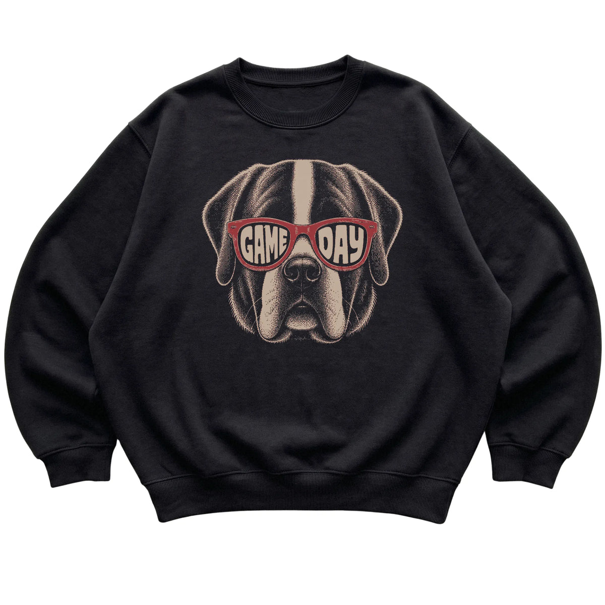 St Bernard Game Day design on a Black sweatshirt, flat lay