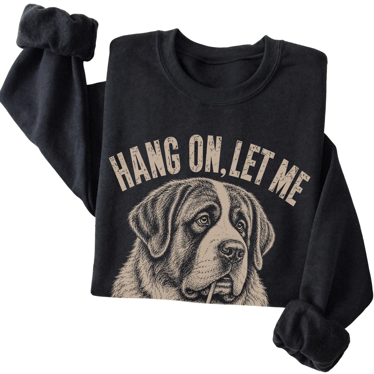 Black crewneck sweatshirt featuring Overthinking St Bernard, folded presentation