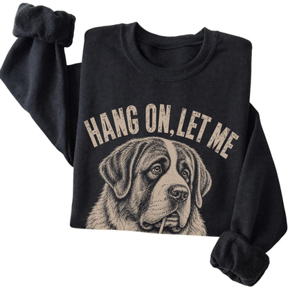 Black crewneck sweatshirt featuring Overthinking St Bernard, folded presentation