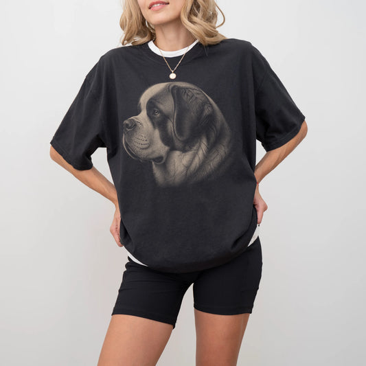 Model wearing a Black Comfort Colors® T-shirt with a detailed photographic portrait of a St Bernard