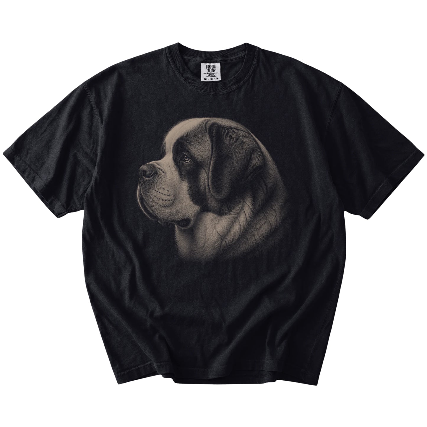 A detailed photographic portrait of a St Bernard on a Black Comfort Colors® T-shirt