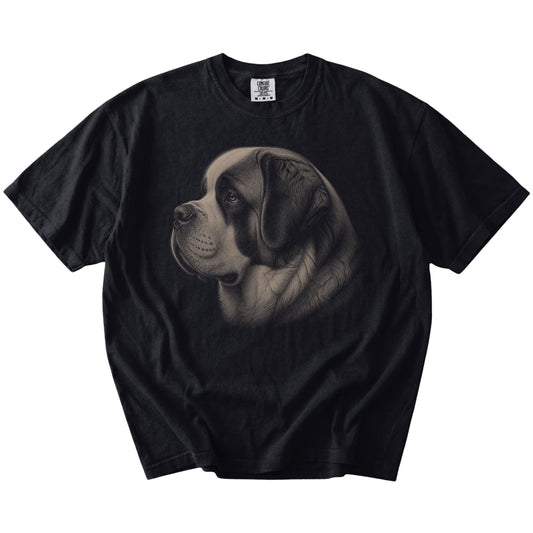 A detailed photographic portrait of a St Bernard on a Black Comfort Colors® T-shirt