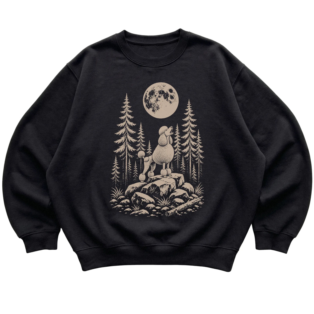Close view of Standard Poodle Howling at the Moon artwork on Black crewneck sweatshirt