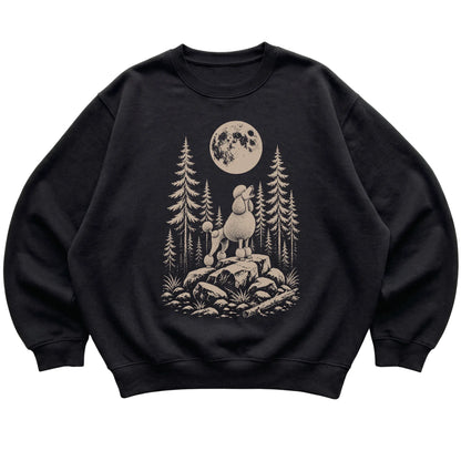 Close view of Standard Poodle Howling at the Moon artwork on Black crewneck sweatshirt