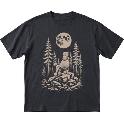 Close view of Standard Poodle Howling at the Moon artwork on Black softstyle T-shirt