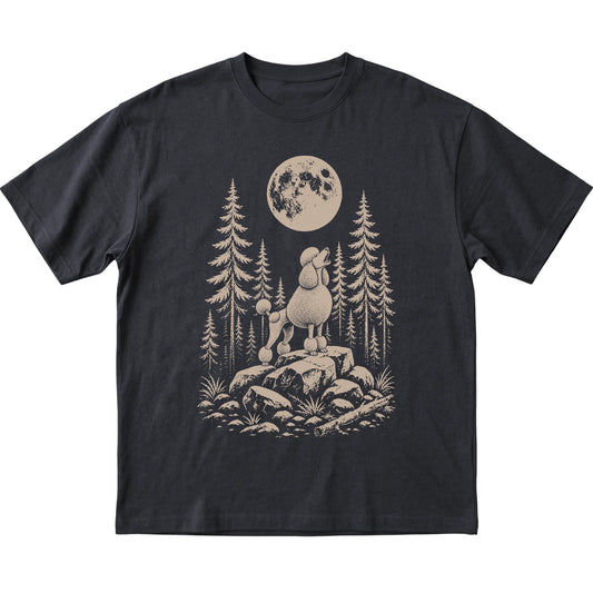 Close view of Standard Poodle Howling at the Moon artwork on Black softstyle T-shirt