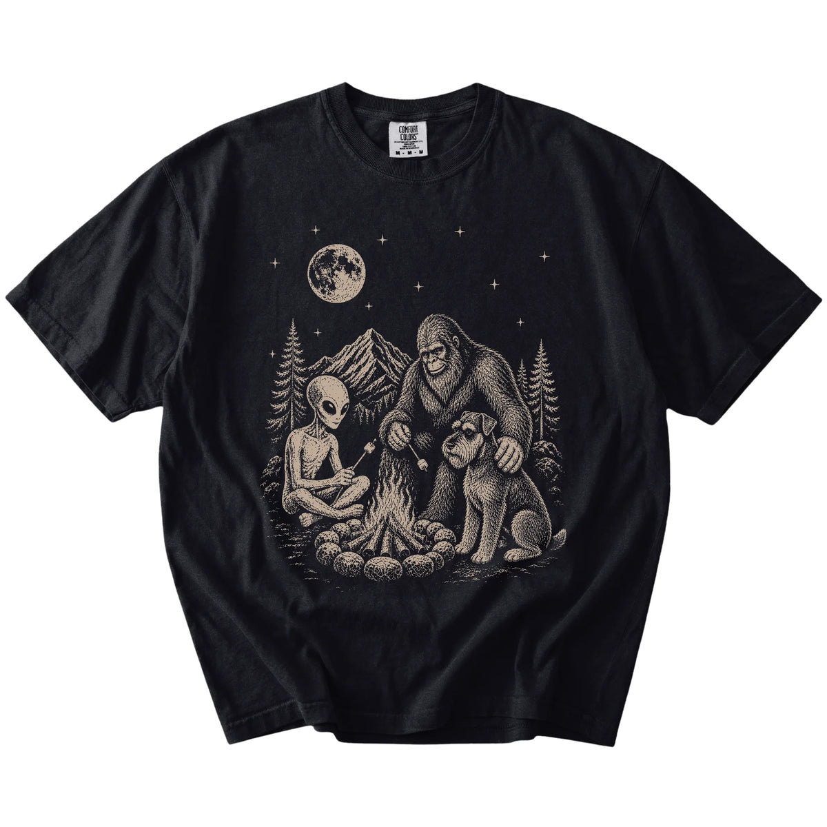Standard Schnauzer camping with Bigfoot and an alien on a Black Comfort Colors® T-shirt