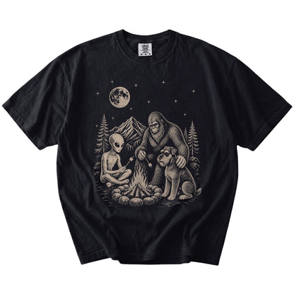 Standard Schnauzer camping with Bigfoot and an alien on a Black Comfort Colors® T-shirt