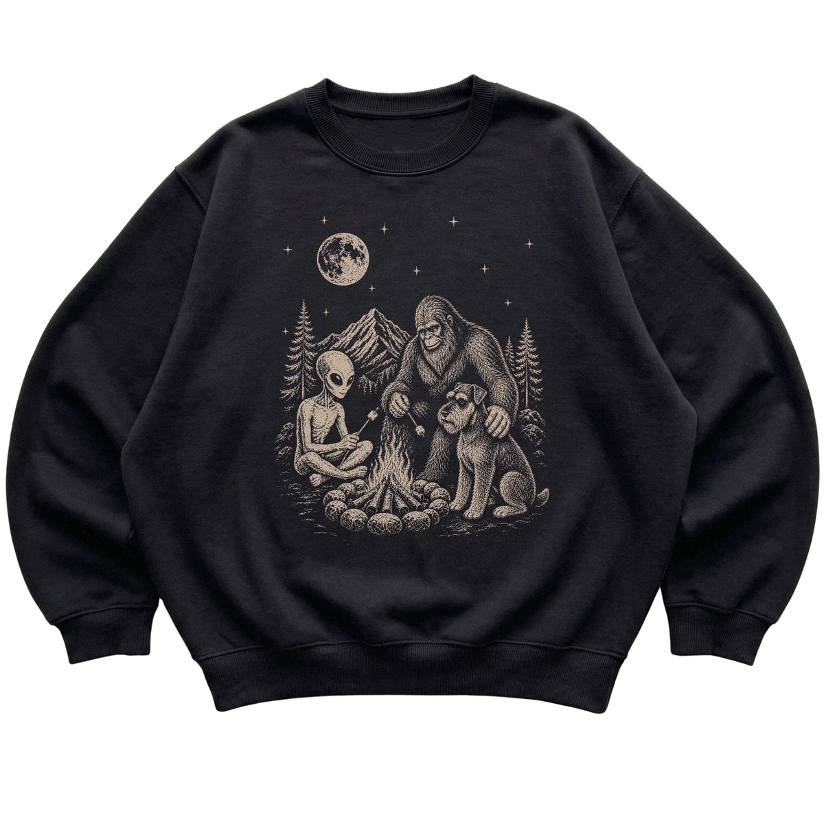 Black Standard Schnauzer Camping with Bigfoot and Alien shirt laid flat