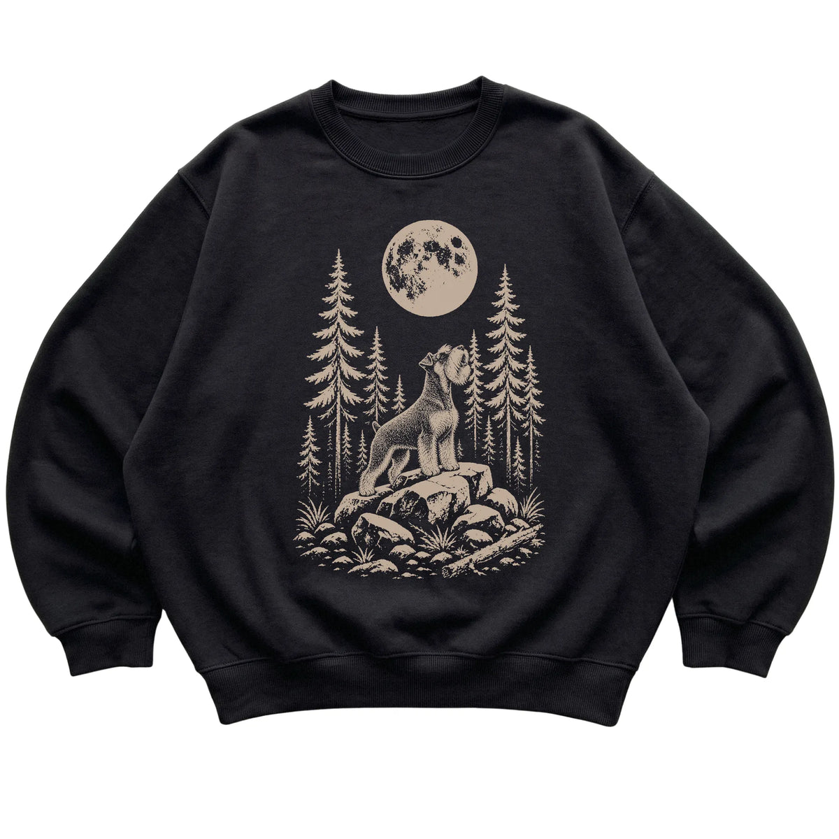 Close view of Standard Schnauzer Howling at the Moon artwork on Black crewneck sweatshirt