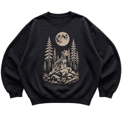 Close view of Standard Schnauzer Howling at the Moon artwork on Black crewneck sweatshirt