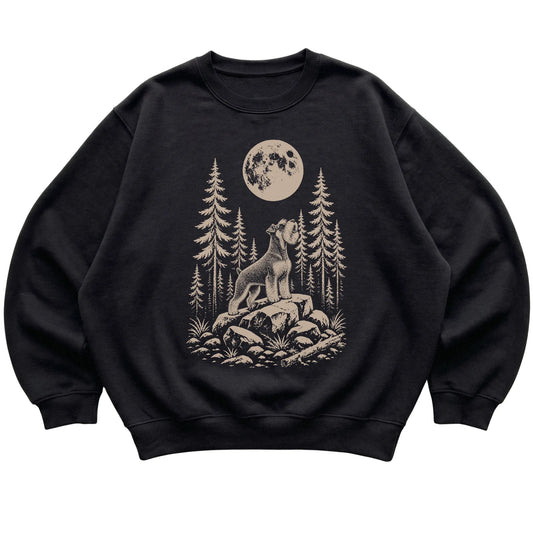 Close view of Standard Schnauzer Howling at the Moon artwork on Black crewneck sweatshirt