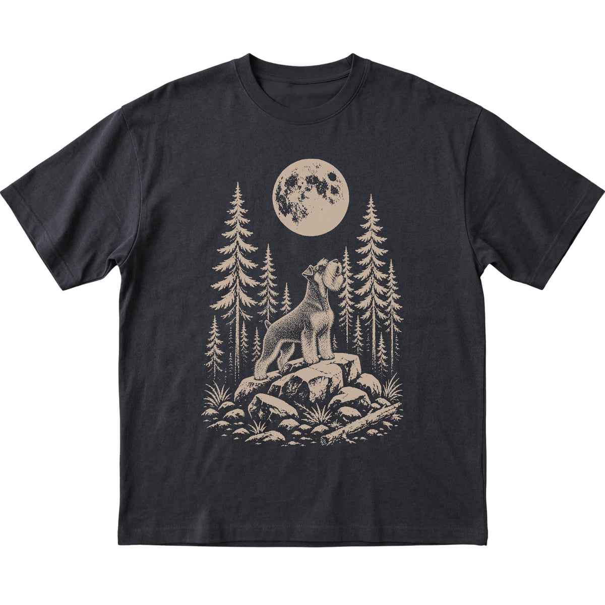 Close view of Standard Schnauzer Howling at the Moon artwork on Black softstyle T-shirt