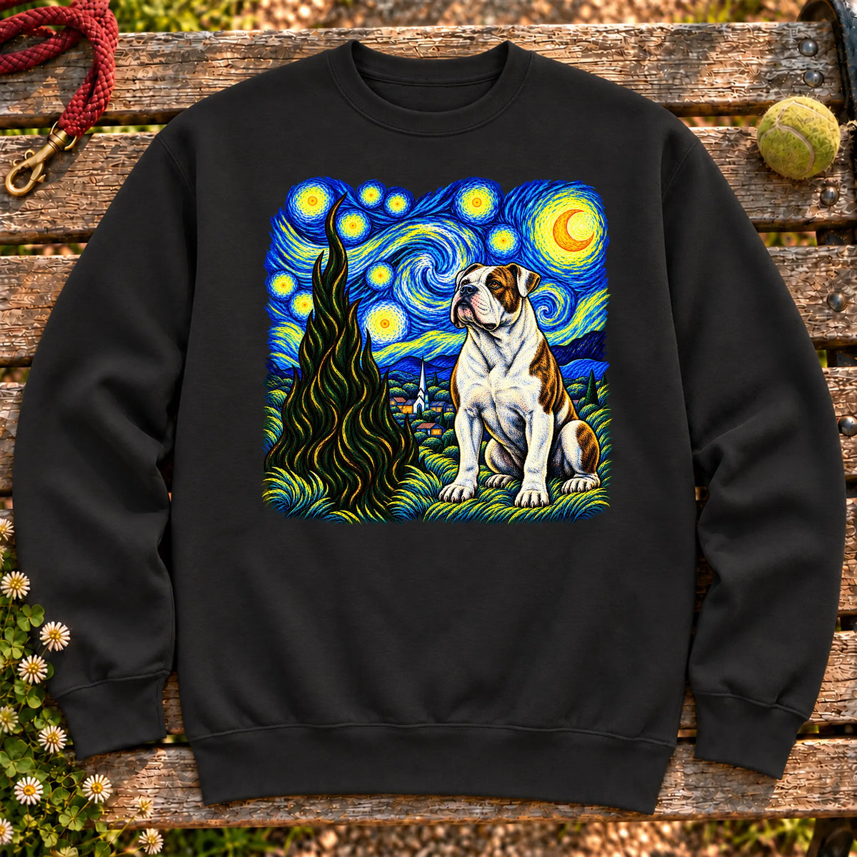 Colorful American Bulldog beneath a swirling starry night sky on a Black sweatshirt