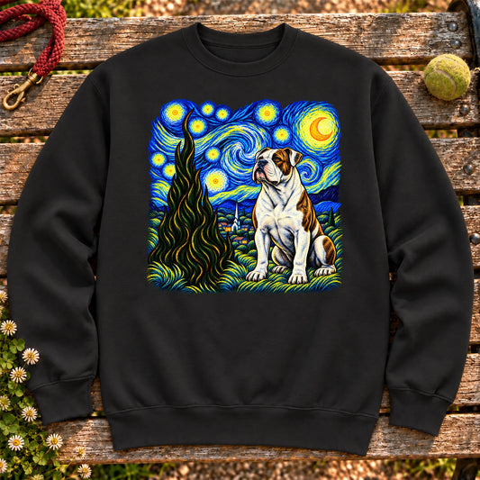 Colorful American Bulldog beneath a swirling starry night sky on a Black sweatshirt
