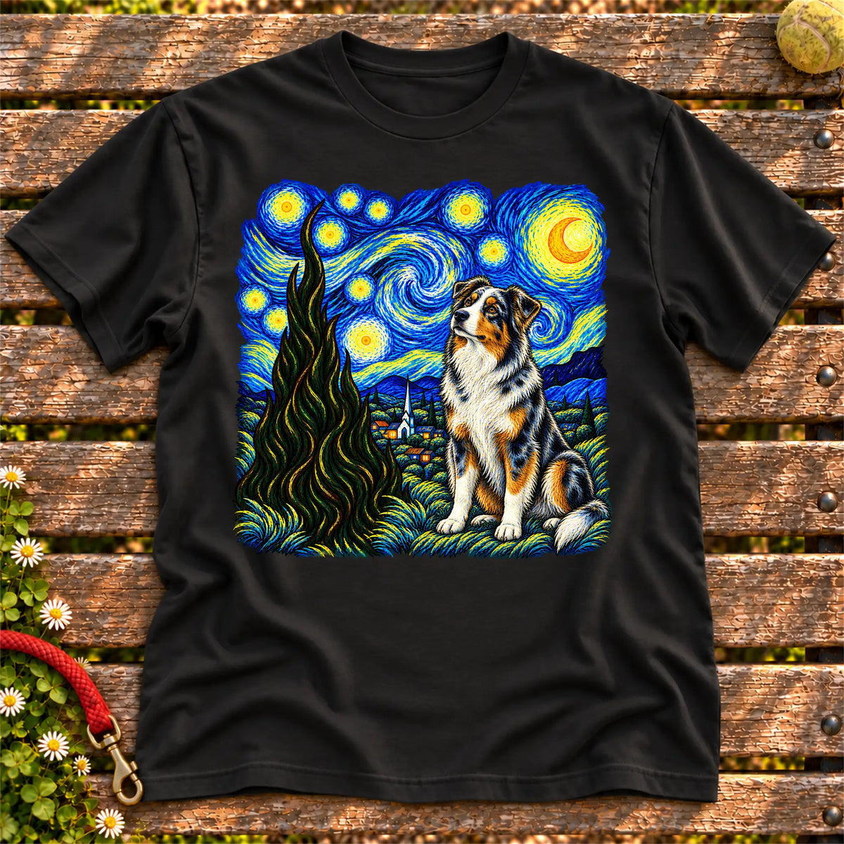 Colorful Australian Shepherd beneath a swirling starry night sky on a Black T-shirt