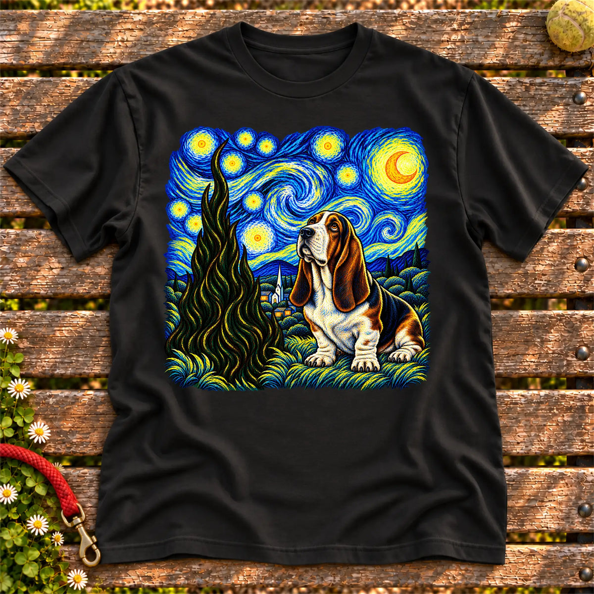 Colorful Basset Hound beneath a swirling starry night sky on a Black T-shirt