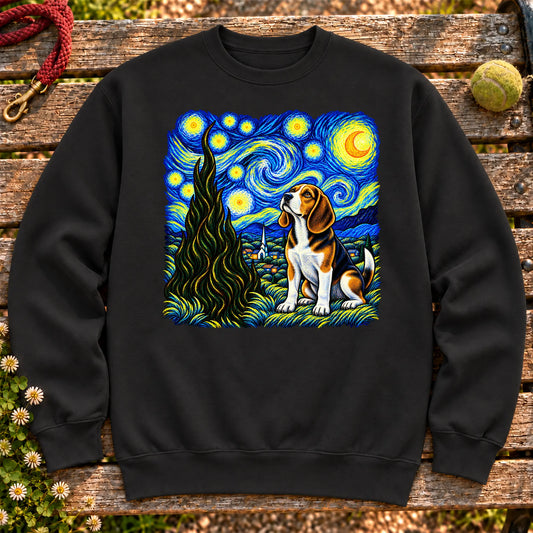 Colorful Beagle beneath a swirling starry night sky on a Black sweatshirt