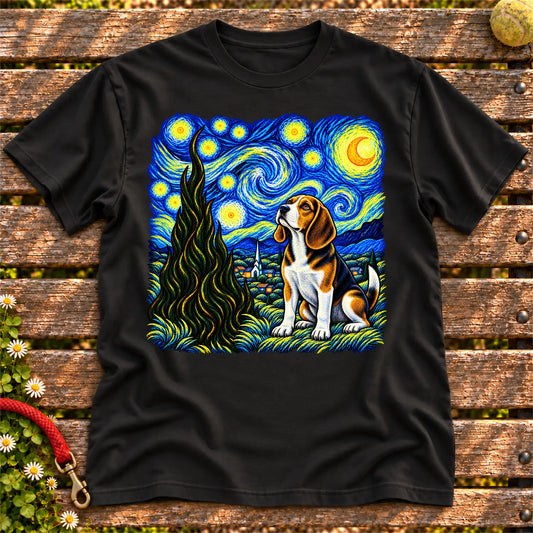 Colorful Beagle beneath a swirling starry night sky on a Black T-shirt
