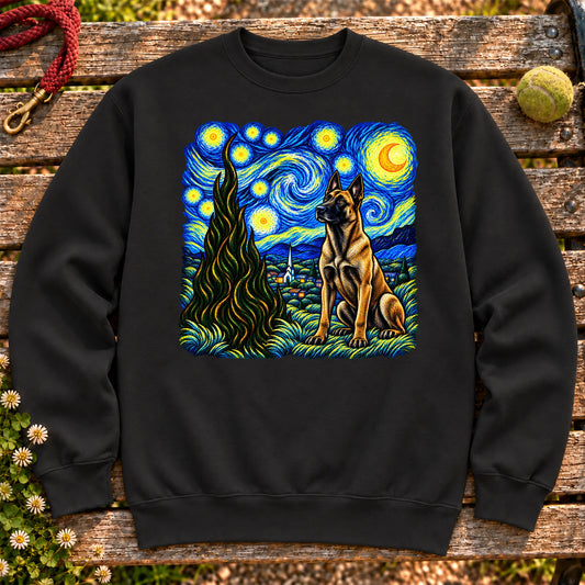 Colorful Belgian Malinois beneath a swirling starry night sky on a Black sweatshirt