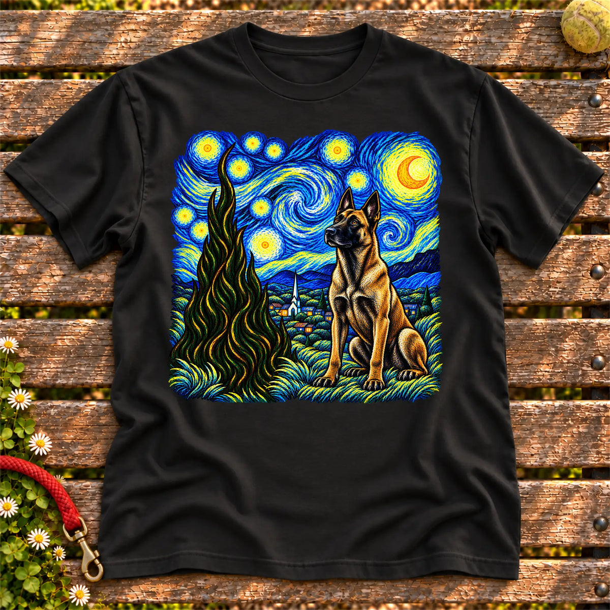 Colorful Belgian Malinois beneath a swirling starry night sky on a Black T-shirt