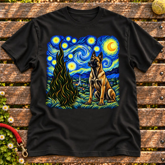 Colorful Belgian Malinois beneath a swirling starry night sky on a Black T-shirt