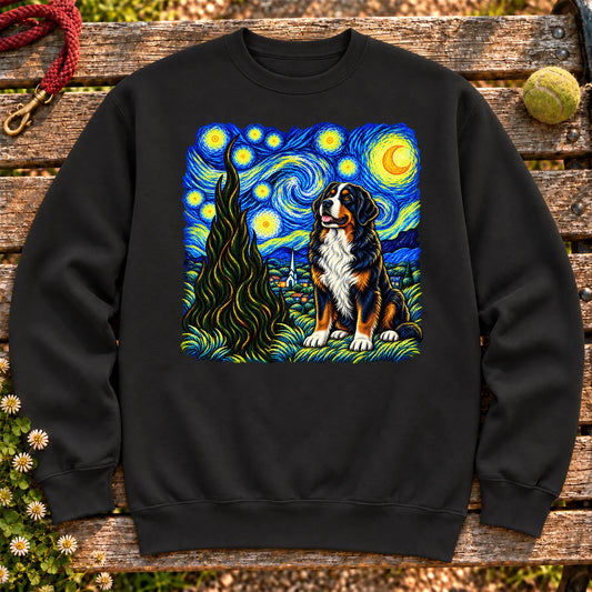 Colorful Bernese Mountain Dog beneath a swirling starry night sky on a Black sweatshirt