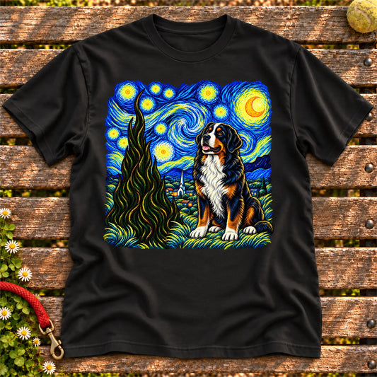 Colorful Bernese Mountain Dog beneath a swirling starry night sky on a Black T-shirt
