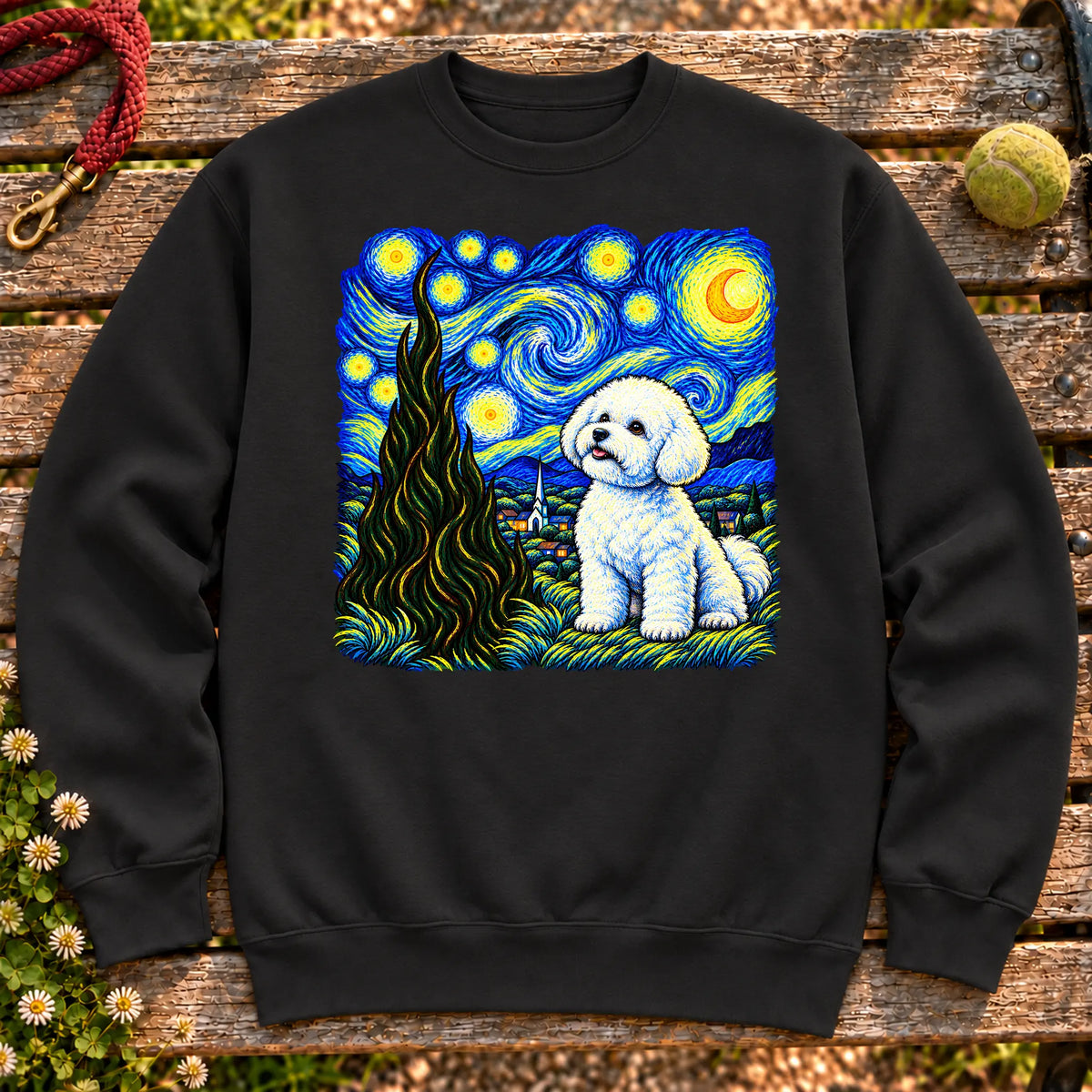 Colorful Bichon Frise beneath a swirling starry night sky on a Black sweatshirt