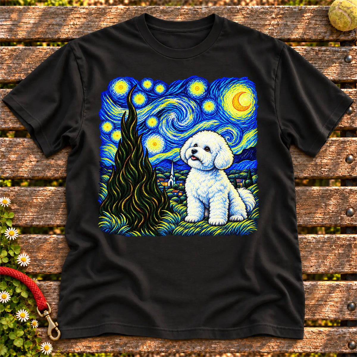 Colorful Bichon Frise beneath a swirling starry night sky on a Black T-shirt