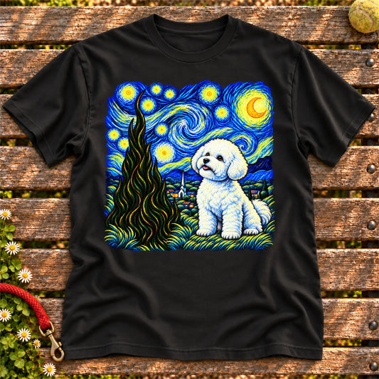 Colorful Bichon Frise beneath a swirling starry night sky on a Black T-shirt