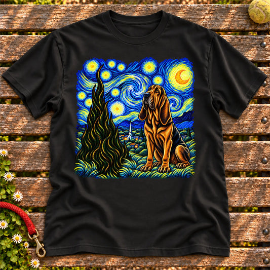 Colorful Bloodhound beneath a swirling starry night sky on a Black T-shirt