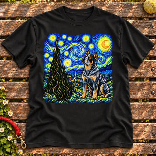 Colorful Blue Heeler beneath a swirling starry night sky on a Black T-shirt