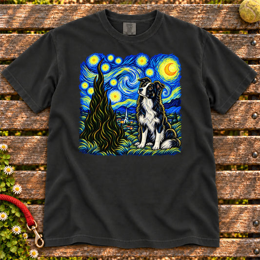 Colorful Border Collie beneath a swirling starry night sky on a Black T-shirt