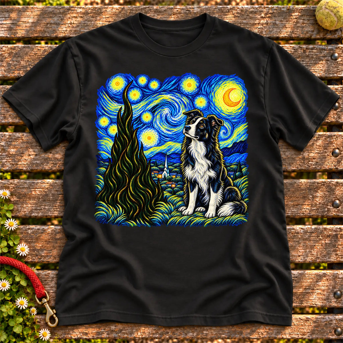 Colorful Border Collie beneath a swirling starry night sky on a Black T-shirt
