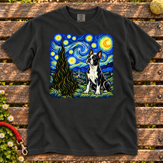 Colorful Boston Terrier beneath a swirling starry night sky on a Black T-shirt