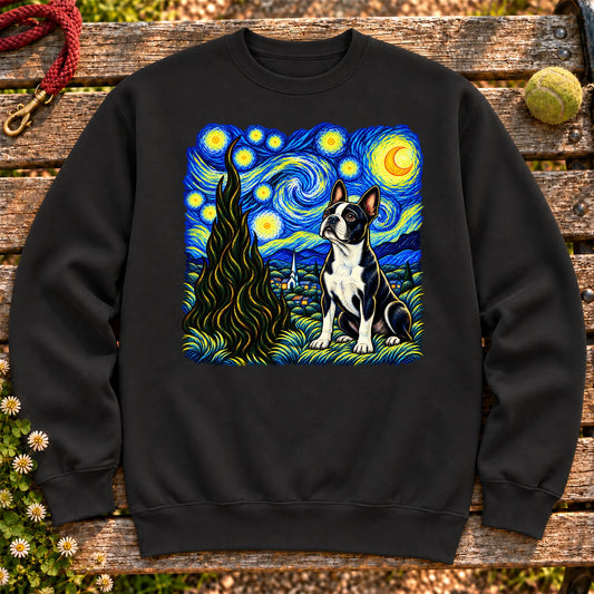 Colorful Boston Terrier beneath a swirling starry night sky on a Black sweatshirt