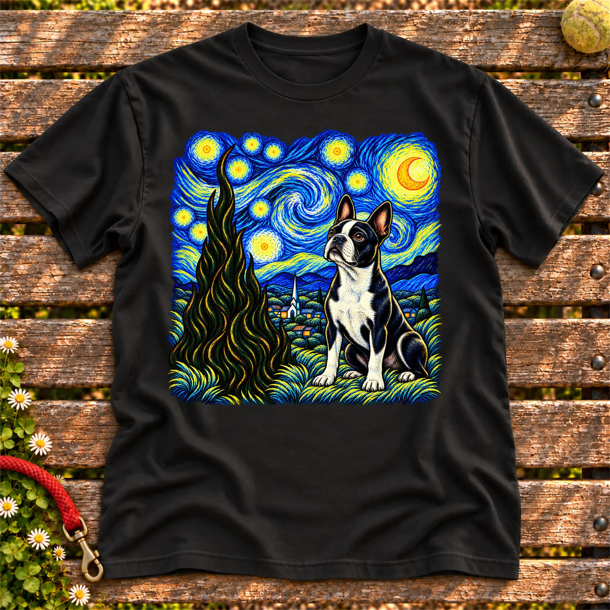 Colorful Boston Terrier beneath a swirling starry night sky on a Black T-shirt
