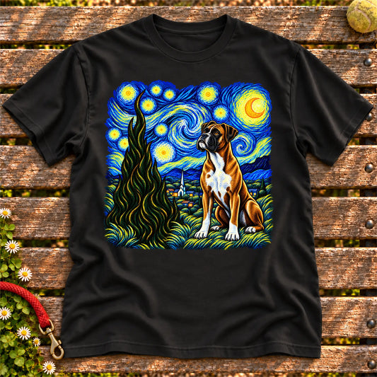 Colorful Boxer beneath a swirling starry night sky on a Black T-shirt