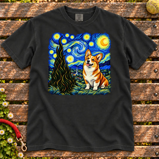 Colorful Corgi beneath a swirling starry night sky on a Black T-shirt