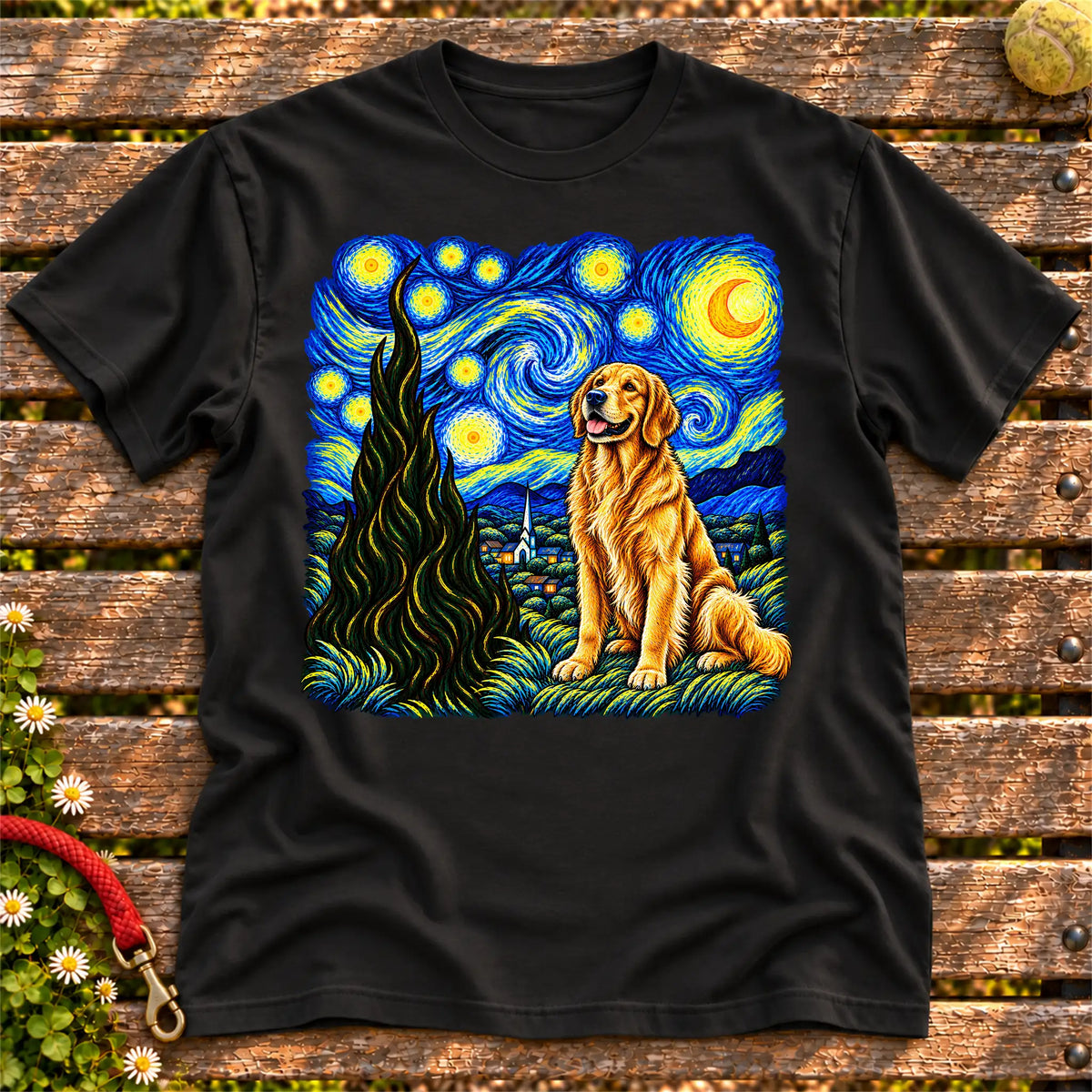 Colorful Golden Retriever beneath a swirling starry night sky on a Black T-shirt
