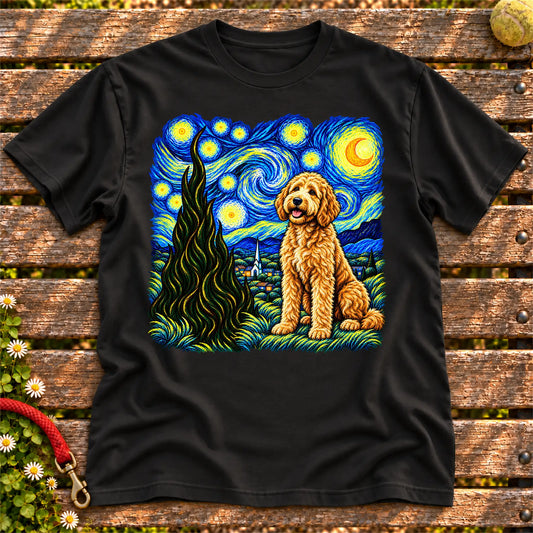 Colorful Goldendoodle beneath a swirling starry night sky on a Black T-shirt