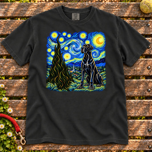 Colorful Great Dane beneath a swirling starry night sky on a Black T-shirt