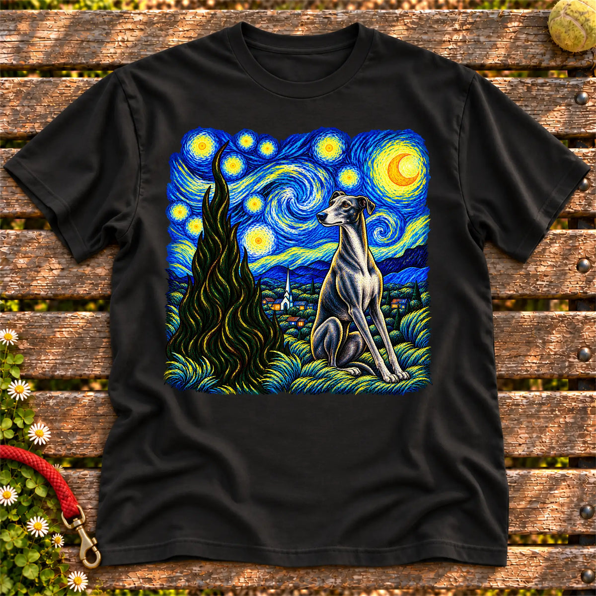 Colorful Greyhound beneath a swirling starry night sky on a Black T-shirt
