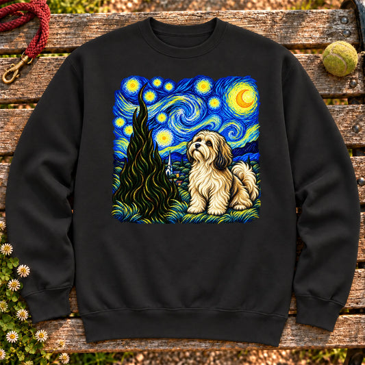 Colorful Havanese beneath a swirling starry night sky on a Black sweatshirt