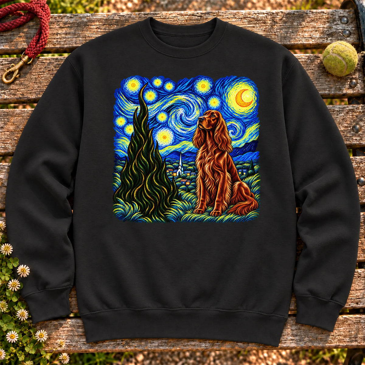 Colorful Irish Setter beneath a swirling starry night sky on a Black sweatshirt